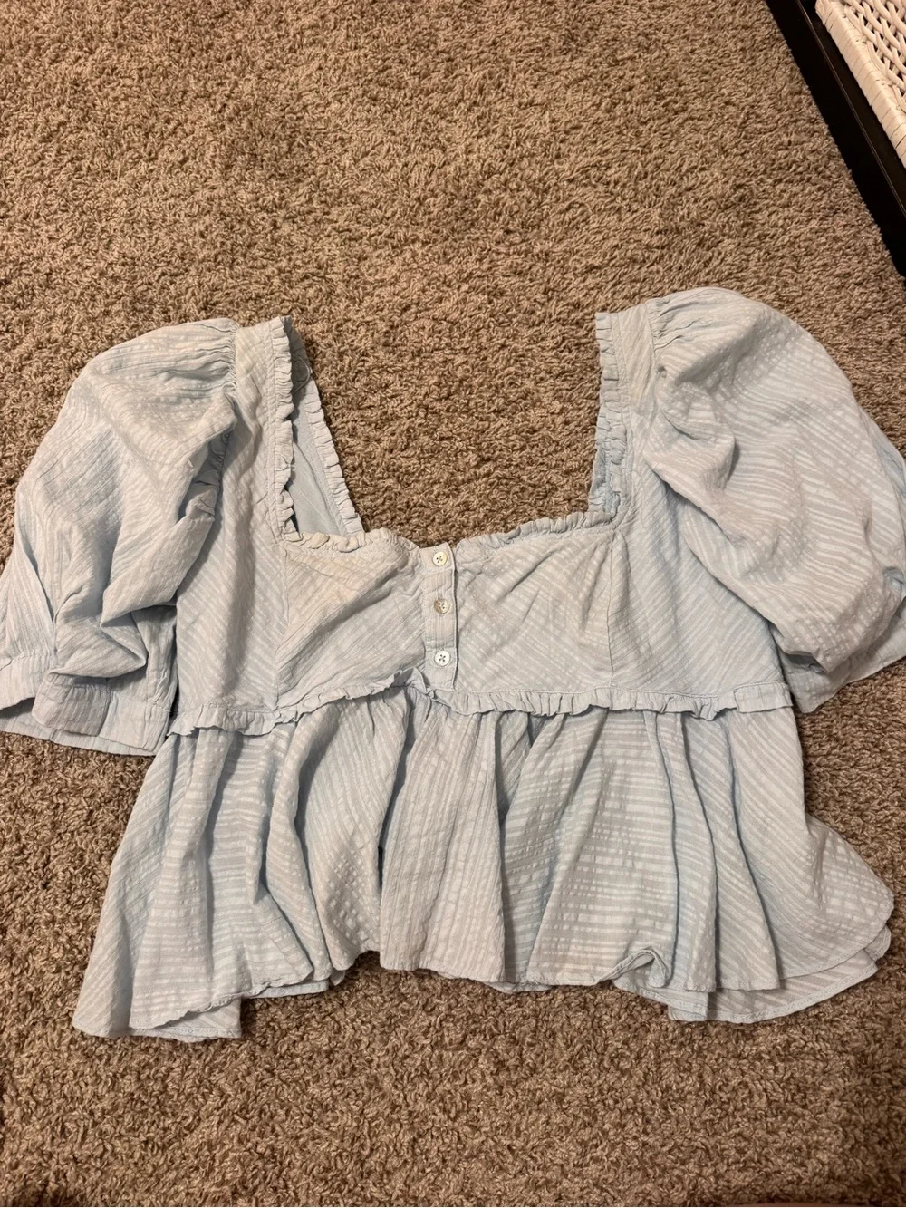 Free People Powder Blue Puff Sleeve Peplum Top